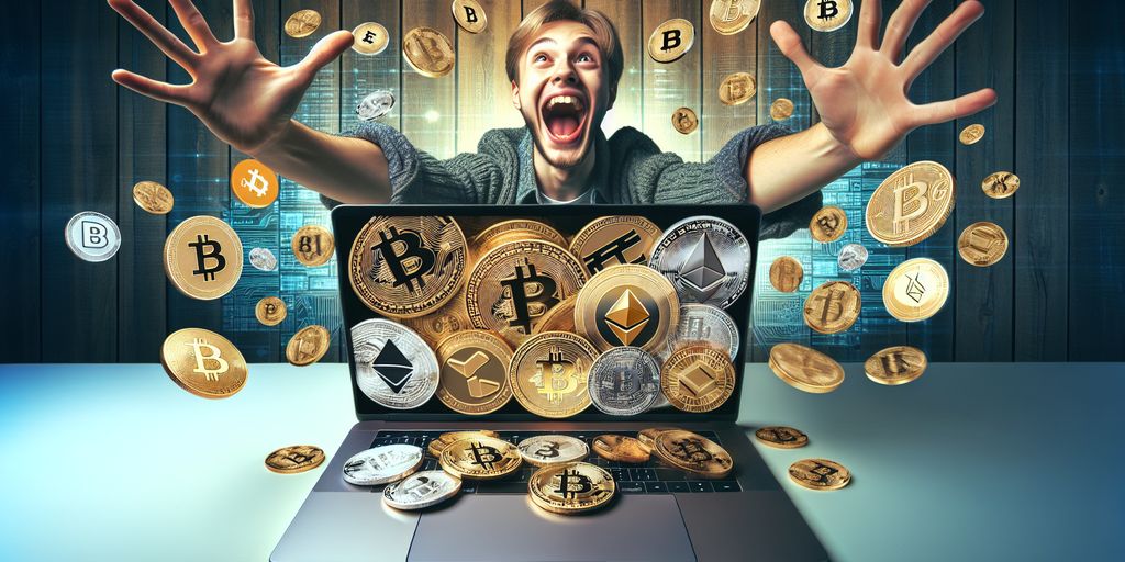 cryptocurrency coins on a laptop with excited young person