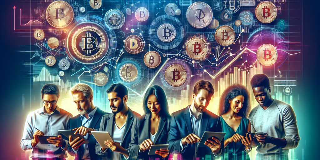 people discussing cryptocurrency investment on digital devices with financial graphs and crypto coins in background