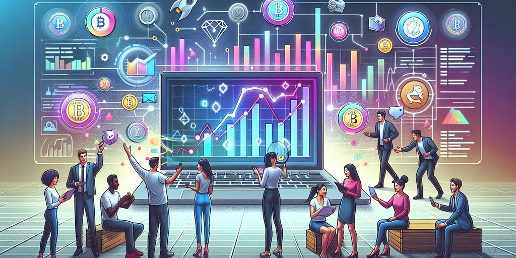 cryptocurrency trading on laptop with people exchanging referrals