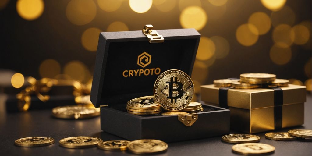 Golden coins and gift boxes with 'Free Crypto' banner