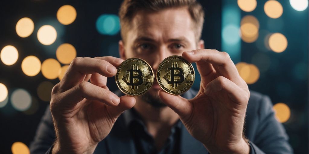 Person holding crypto coins with referral links