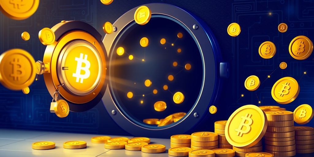 Digital vault with crypto coins flowing out