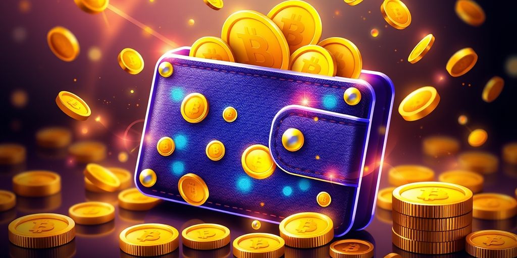 Digital wallet with crypto coins and symbols