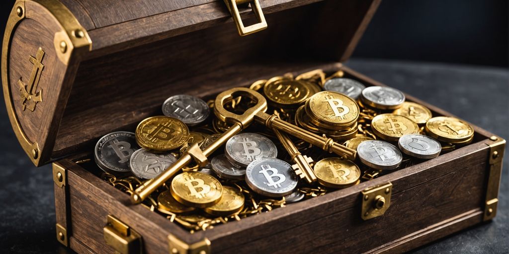 Golden key unlocking crypto treasure chest