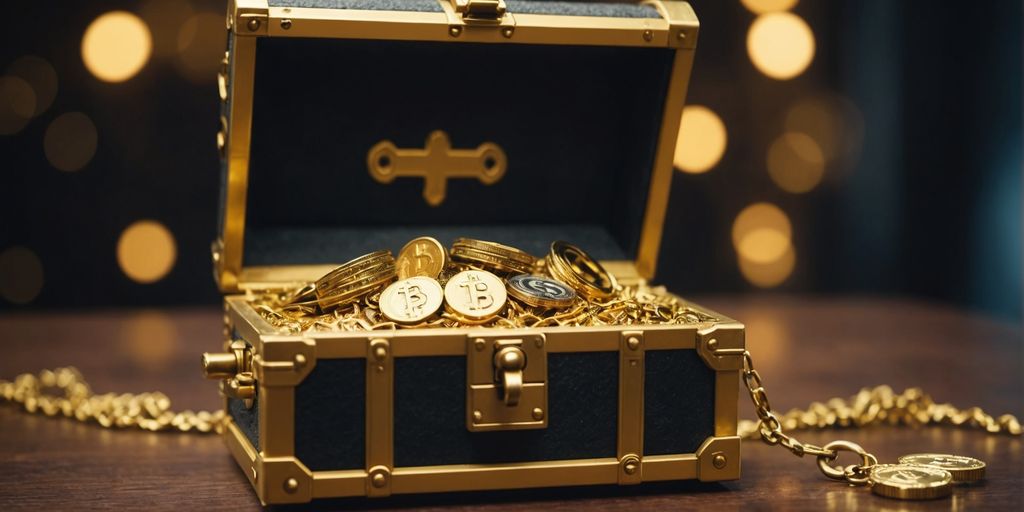 Key unlocking chest with cryptocurrency symbols and referral codes