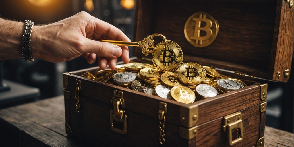 Person with key and crypto treasure chest