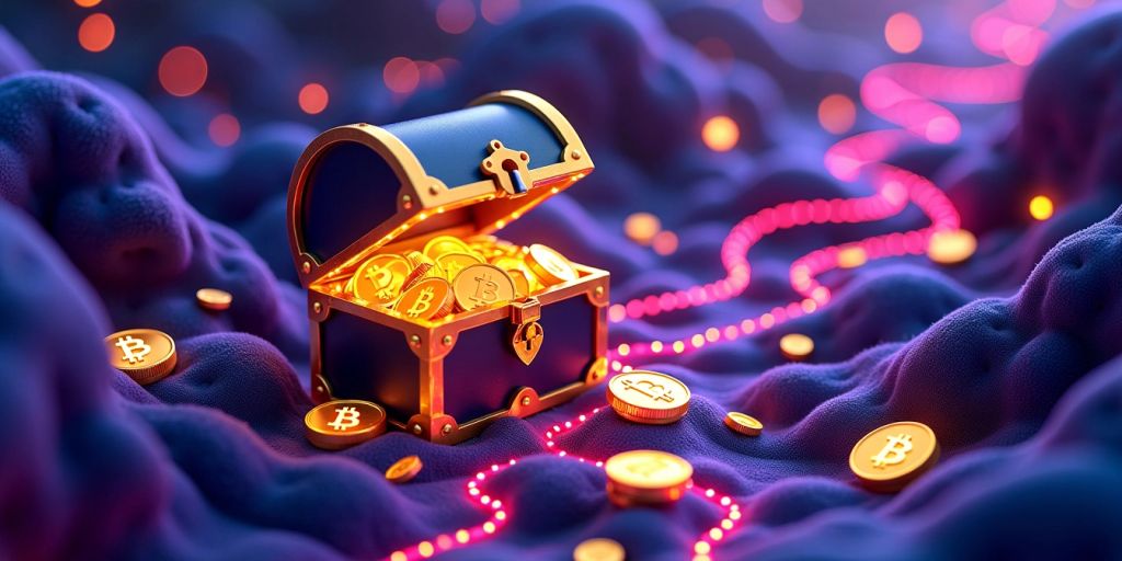 Colorful digital landscape with blockchain nodes and coins.