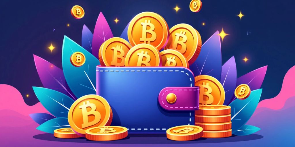 Colorful coins in a digital wallet representing crypto rewards.