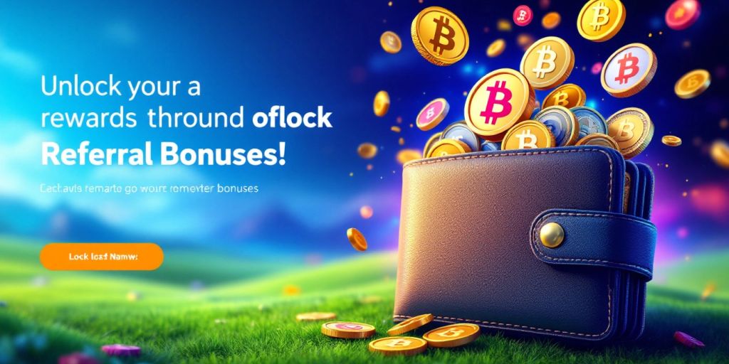 Colorful wallet with cryptocurrencies and referral bonus theme.