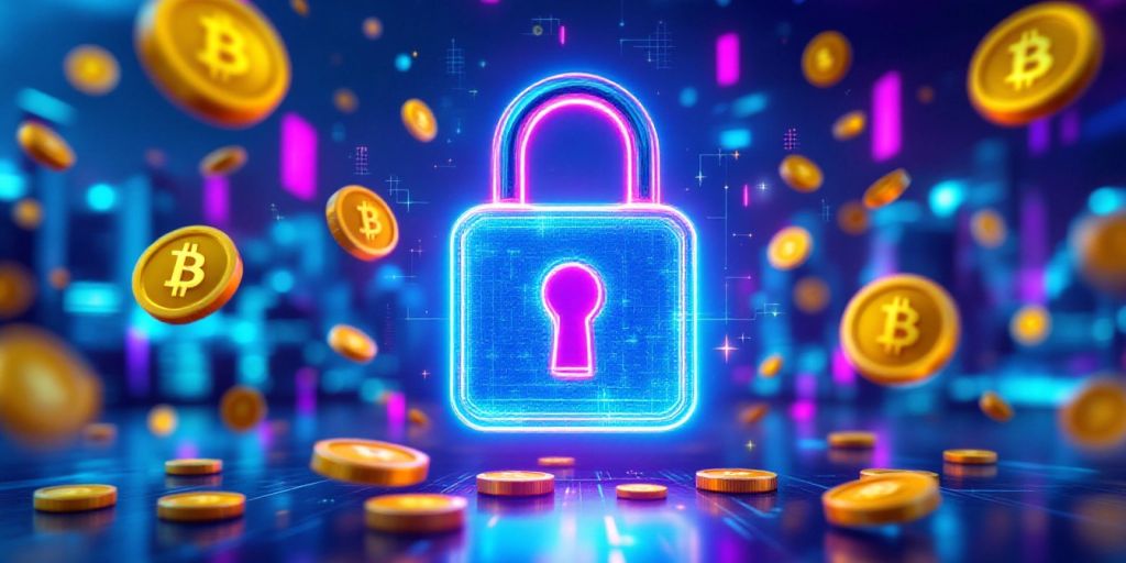 Digital lock opening with floating cryptocurrency coins around it.