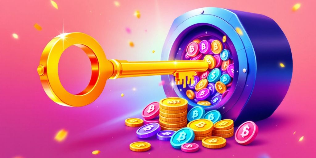 Golden key unlocking a vault of cryptocurrency coins.