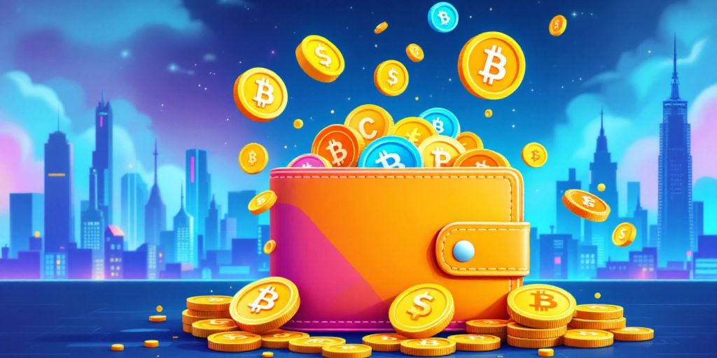 Colorful coins in a digital wallet with a city backdrop.