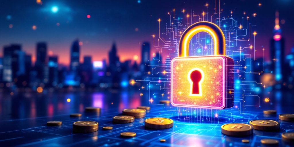 Digital lock with coins, symbolizing crypto opportunities.