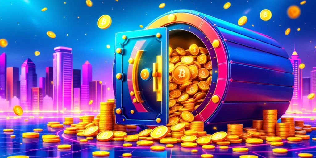 Digital vault overflowing with cryptocurrency coins and symbols.